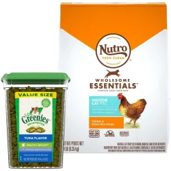 Nutro||Greenies Nutro Wholesome Essentials Indoor Chicken & Brown Rice Recipe Adult Dry Food + Greenies Feline Greenies Smartbites Healthy Indoor Tuna Flavored Cat Treats